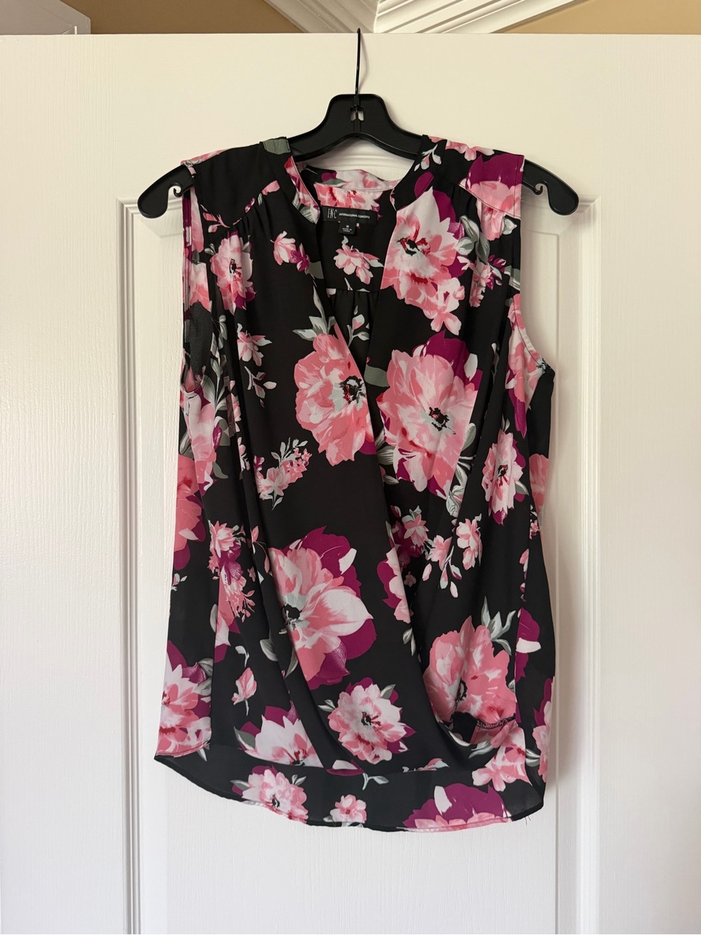 Sleeveless Black Floral Surplice Top with Pink Blooms